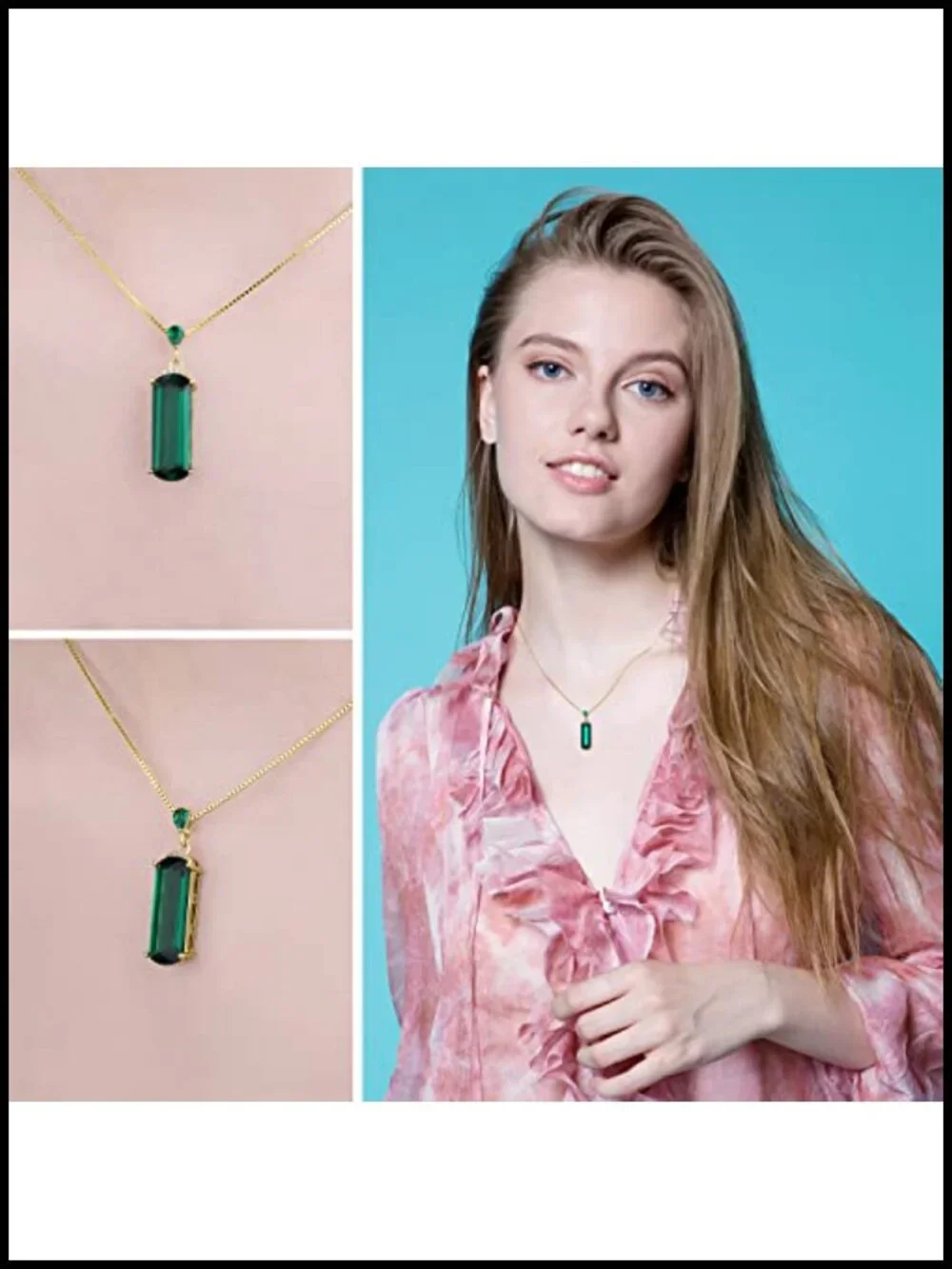 4.4ct Fancy Cut Simulated Green Nano Emerald Pendant Necklace, 925 Sterling